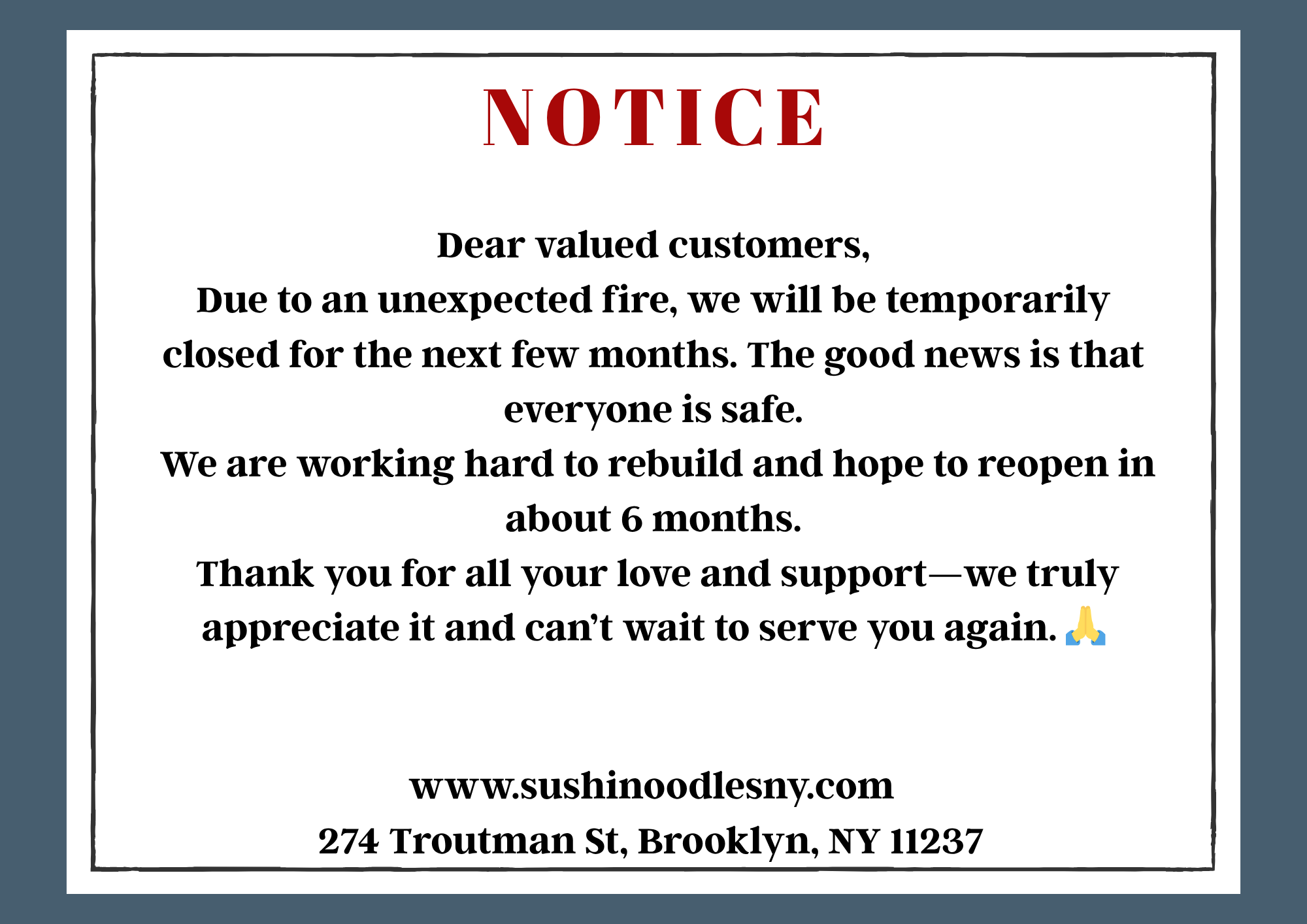 Notice of Special Operating Hours